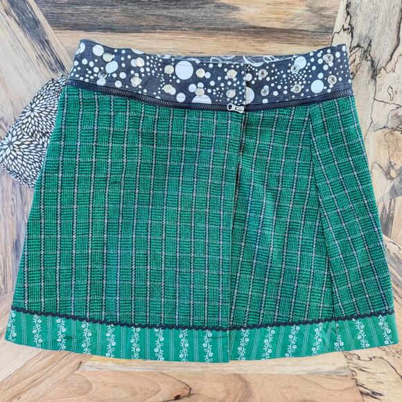 Zand Amsterdam, One Size Reversible Wrap Skirt Green Gingham Pouch Snap Buttons - Picture 6 of 11